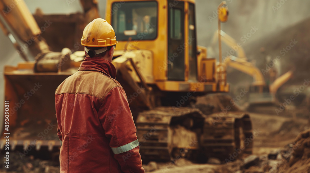 A hard hat-wearing worker operating a bulldozer on a large construction site. The background features ongoing construction with other machinery and workers A hard hat-wearing worker operating a bulldozer on a large construction site. The background features ongoing construction with other machinery and workers