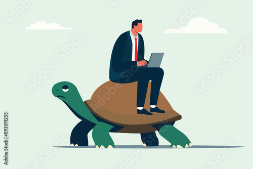 slow economy crisis,  recession business concept. businessman sitting on back of slow walk turtle. abstract art for pension, salary, saving, investment 