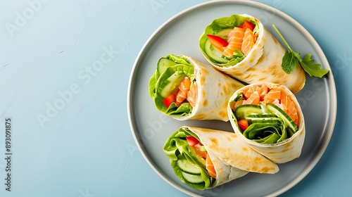 Wrap sandwich roll with salmon cucumber salad on a white plate on Blue background