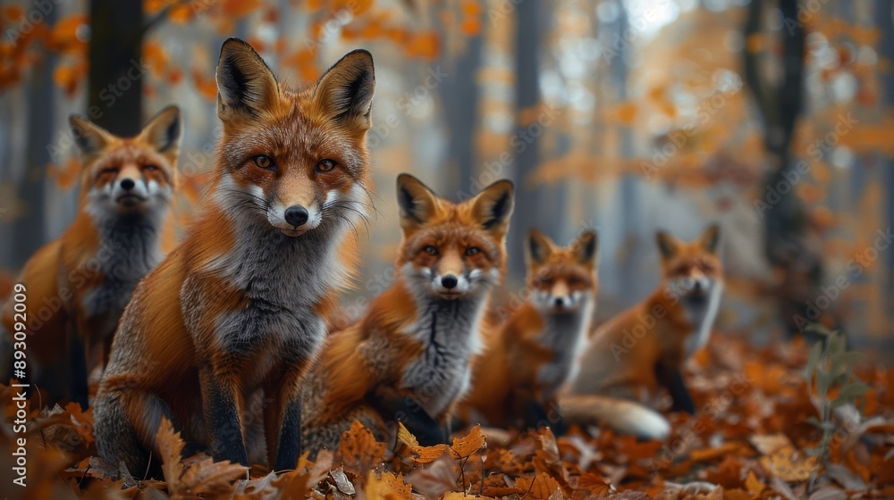 Fototapeta premium A Group of Foxes Are Sitting in the Leaves of a Forested Area - Generative AI