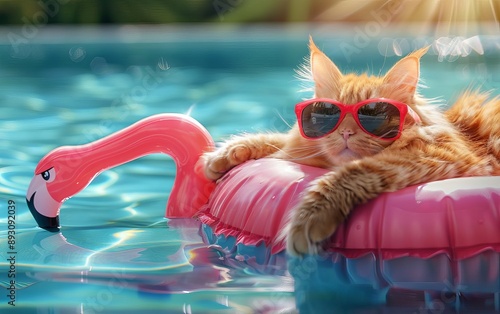 Cool orange cat wearing red sunglasses, lounging on a pink inflatable flamingo in a sunny pool. Fun and relaxed summer vibe.