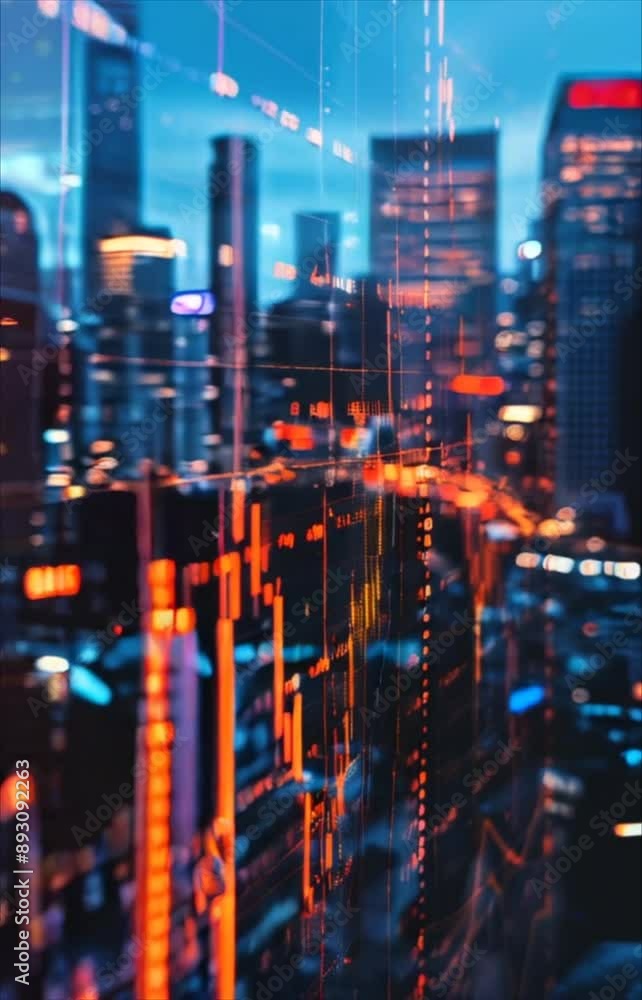 Stock and forex trade chart, digits, numbers, bearish and bullish candles. City downtown financial skyscraper background Stock and forex trade chart, digits, numbers, bearish and bullish candles. City downtown financial skyscraper background