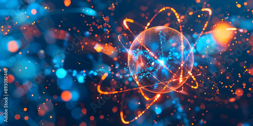 Abstract visualization of an atom with glowing particles and light trails, representing science and technology advancements.