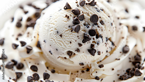 Close-up of a delicious vanilla ice cream scoop topped with chocolate chips, perfect for dessert lovers and sweet treats enthusiasts.