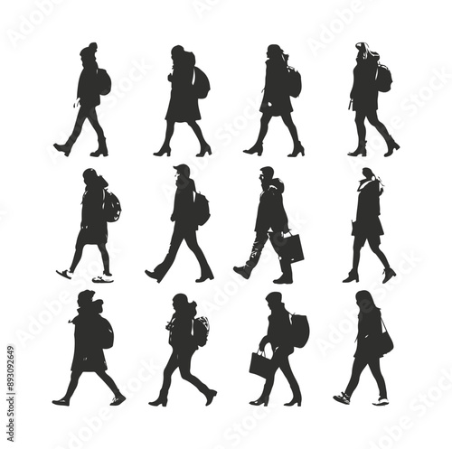 collection silhouettes of people walking while carrying backpacks ,generative ai

