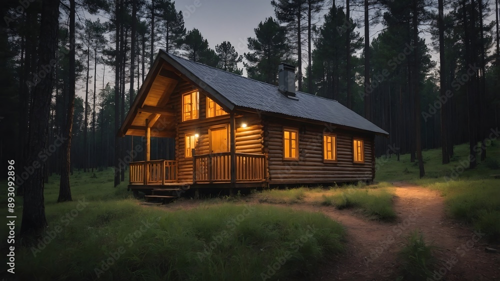 Pinewood cabin in pine forest green on nature trail. Wooden house or wooden hut along the Pinewood hill in twilight night. Pinewood cabin in pine forest green on nature trail. Wooden house or wooden hut along the Pinewood hill in twilight night.