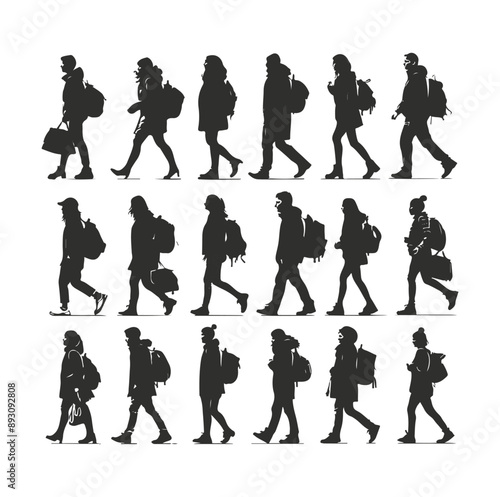 collection silhouettes of people walking while carrying backpacks ,generative ai
