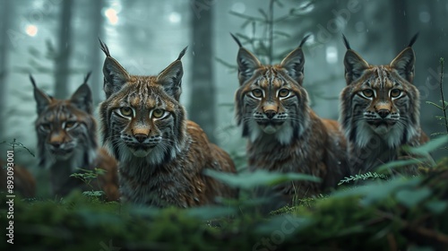 A Group of Lynx Are Standing In the Middle of a Forest Looking at the Camera - Generative AI