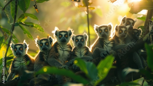 A Group of Lemur Monkeys Sitting on a Tree Branch in the Sun Light - Generative AI