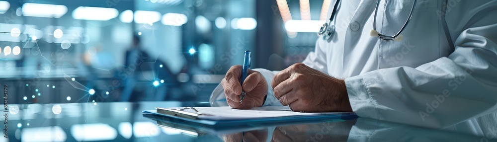 Naklejka premium A doctor is writing on a clipboard in a hospital setting