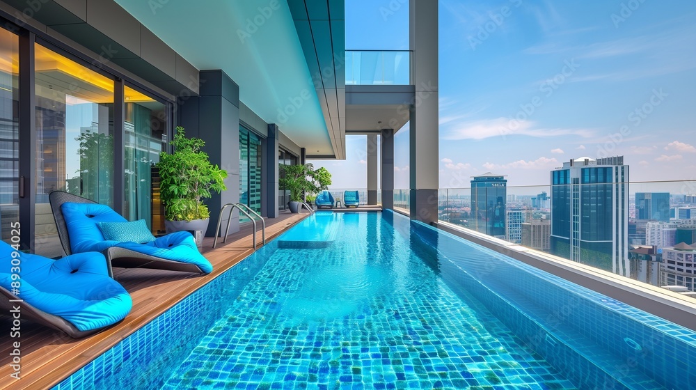 Stylish luxury pool with blue pool chairs, surrounded by modern architecture and urban cityscape. Stylish luxury pool with blue pool chairs, surrounded by modern architecture and urban cityscape.