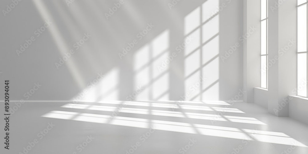Fototapeta premium A minimalist indoor scene on a white background, featuring bright colors and soft lighting, depicts sunlight casting beautiful shadows on the floor, creating an artistic ambiance.