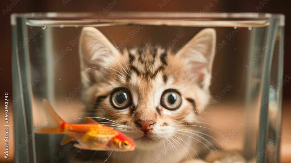 Kitten Gazing at Goldfish in a Tank. Kitten Gazing at Goldfish in a Tank.
