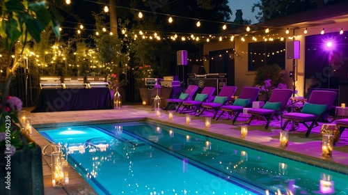 Stylish luxury poolside party setup with purple pool chairs, glow-in-the-dark decor, and an elite music system for an electrifying event.