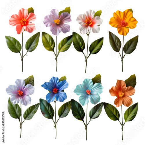 Set of plastic flowers petals with stem, leaves. isolated on a transparent background