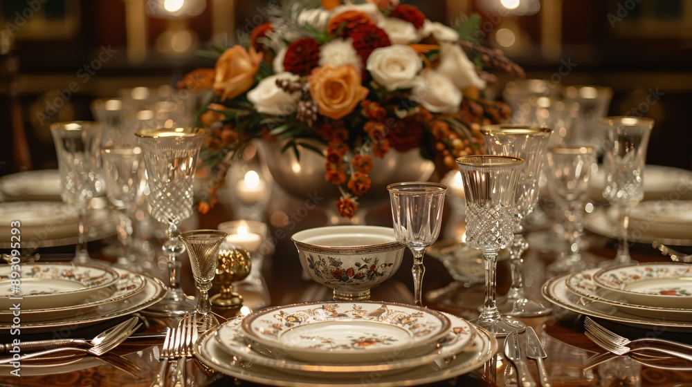 Elegant Dinner Table Setting with Floral Centerpiece Elegant Dinner Table Setting with Floral Centerpiece