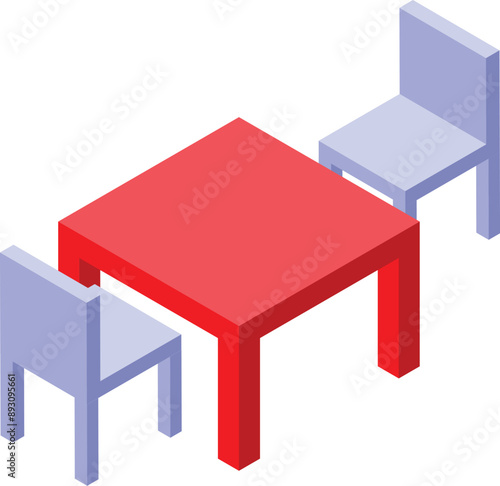 Red square table and two chairs standing on white background, isometric view