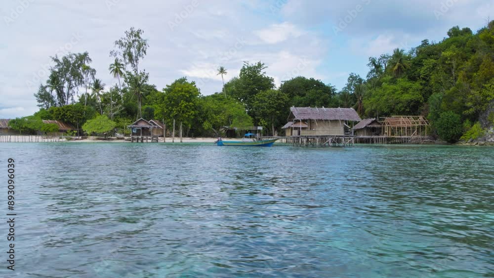 The coastline of tropical Kri Island, Raja Ampat, Indonesia, captured from a moving boat. Traditional stilt houses line the shore, surrounded by lush green vegetation and calm, clear waters. The coastline of tropical Kri Island, Raja Ampat, Indonesia, captured from a moving boat. Traditional stilt houses line the shore, surrounded by lush green vegetation and calm, clear waters.