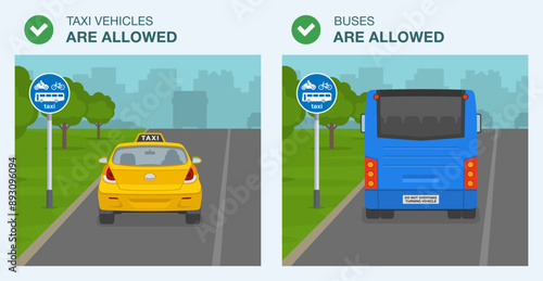 Safe driving tips and traffic regulation rules. British "route for buses, pedal cycles, solo motorcycles and taxis" road sign. Back view of a allowed taxi and bus. Flat vector illustration template.