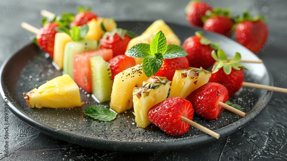 Detailed shot of a fruit kebab with melon, pineapple, and strawberries, snack cuisine, stock photo quality Detailed shot of a fruit kebab with melon, pineapple, and strawberries, snack cuisine, stock photo quality
