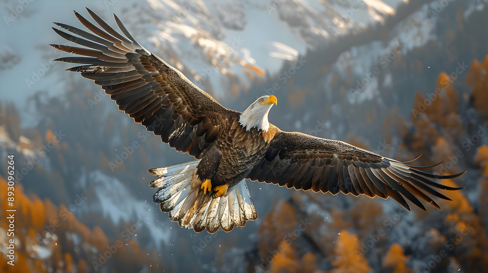 Fototapeta premium Bald Eagle in Flight Over Autumnal Mountains Photo