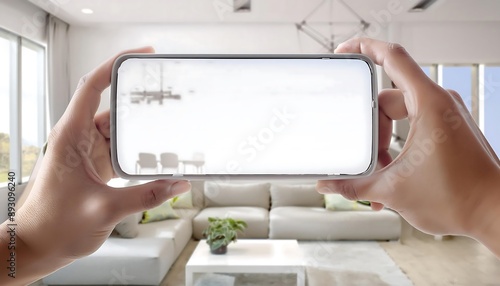 Smartphone mockup with a plain white screen with a living room background. smartphone screen mockup photo