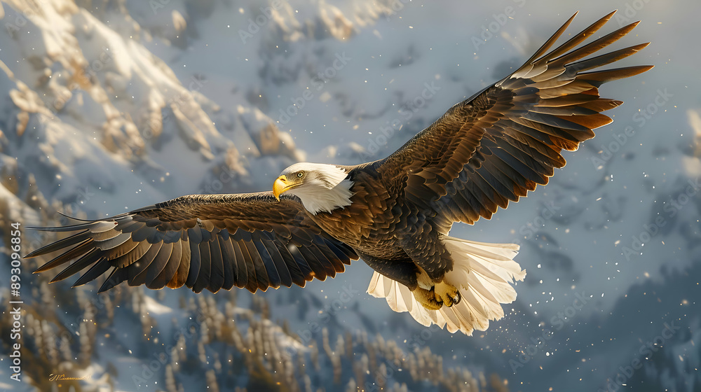 Fototapeta premium Bald Eagle Soaring Through Snowy Mountains Illustration