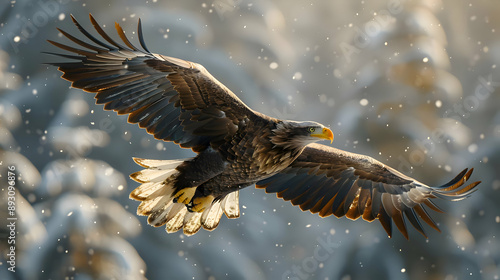 White-tailed Eagle in Flight During Snowfall - Photo