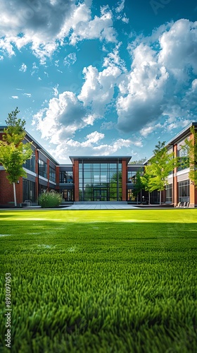 School exterior with green lawn. © HASHMAT