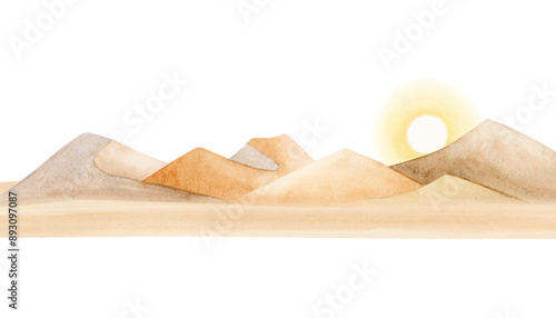 Dawn in desert landscape with sand dunes watercolor illustration isolated on white background. Monochrome sunrise sketch in beige and yellow colors. Panoramic horizontal clipart
