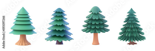 Playful 3D Christmas tree set, Cheerful green cartoon holiday trees collection isolated transparent, Winter plants toy objects with evergreen leaves