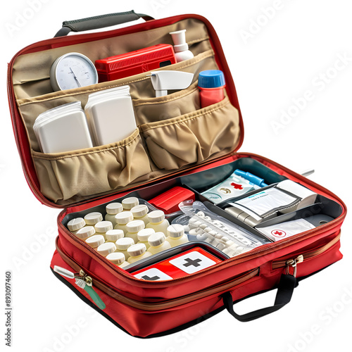 first aid kit open with visible medical supplies, representing readiness for health emergencies, isolated on a transparent background