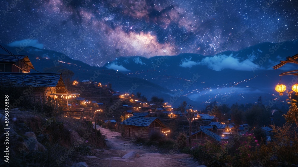 Naklejka premium A Beautiful View of the Night Sky From a Small Village in the Mountains at Night - Generative AI