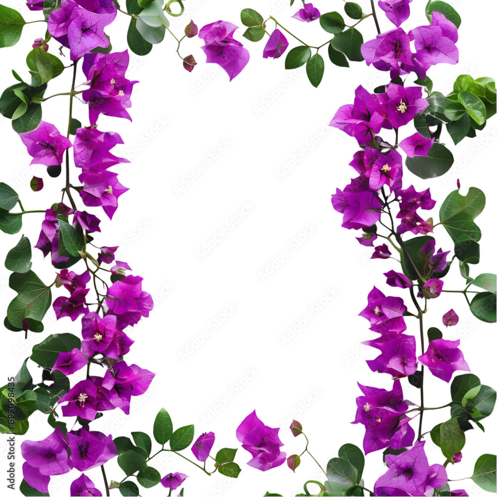 Purple bougainvillea flowers horizontal border with leaves and plants isolated on a transparent background Purple bougainvillea flowers horizontal border with leaves and plants isolated on a transparent background