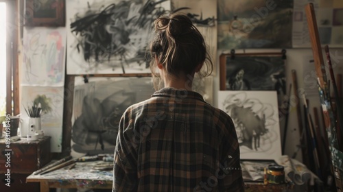 Artistic process: back view of a woman painting at her workspace, filled with creativity.