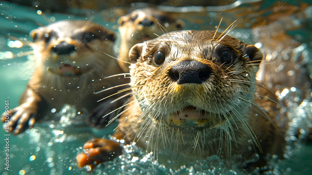 realistic portrait Three otters swimming in the water realistic portrait Three otters swimming in the water