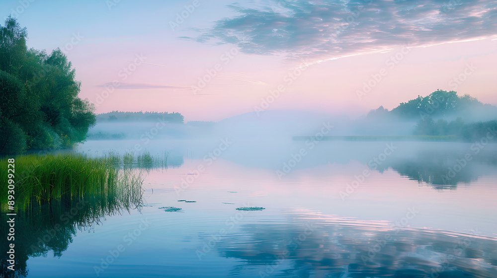 Fototapeta premium Serene Lake at Dawn with Light Reflections and Misty Greenery