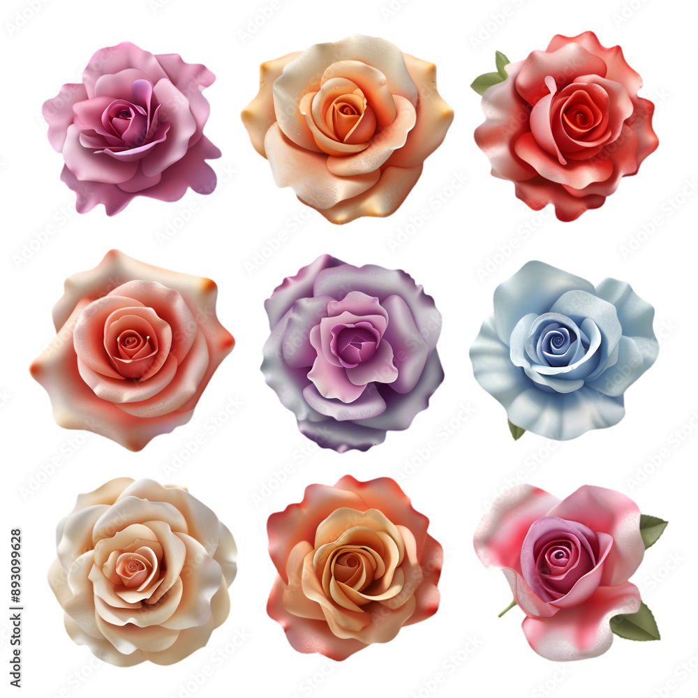 Set of colorful 3d render rose blossom, isolated beautiful flowers illustration on transparent background isolated on a transparent background Set of colorful 3d render rose blossom, isolated beautiful flowers illustration on transparent background isolated on a transparent background