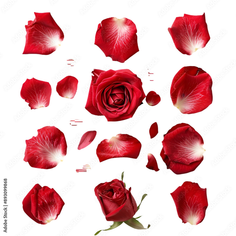 Set of red rose flowers petals isolated on a transparent background Set of red rose flowers petals isolated on a transparent background
