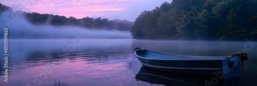 Barco de pesca tranquilo em um rio sereno ao amanhecer photo