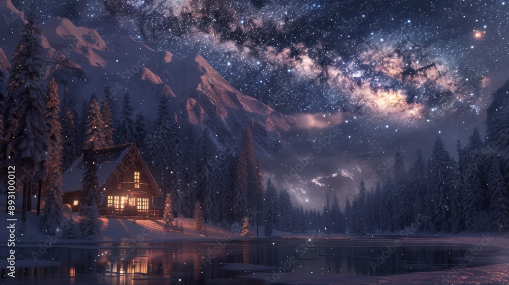 Fototapeta premium A Snowy Night Scene With a Cabin in the Middle of a Forest Surrounded by Snow Capped Mountains and a Milky Way - Generative AI