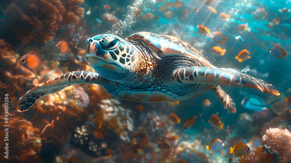 Fototapeta premium Sea Turtle Swimming Through Coral Reef Illustration
