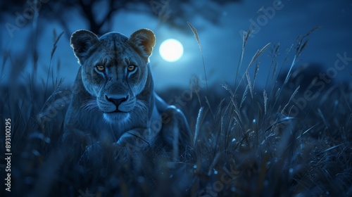 A Close up of a Lion Lying in Tall Grass at Night Under a Full Moon - Generative AI
