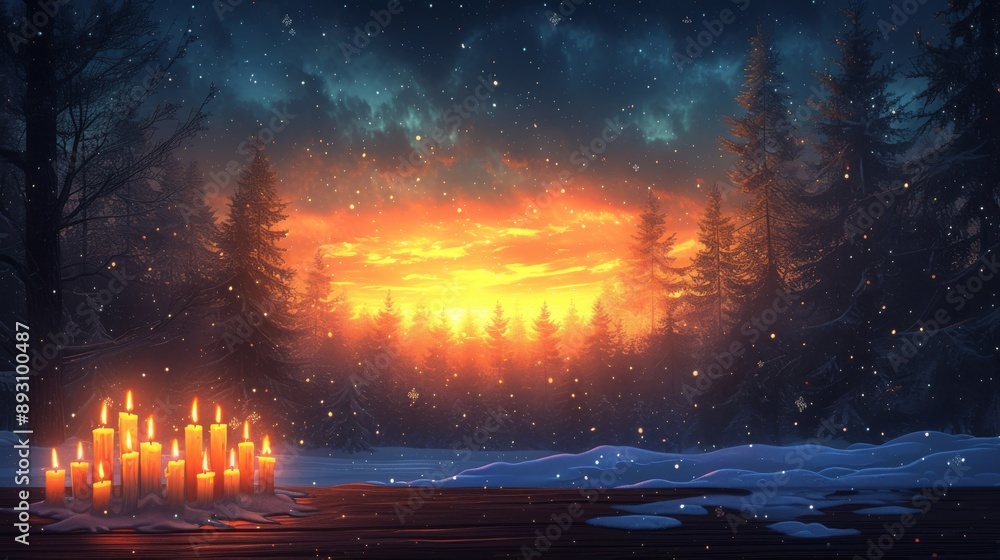 A Painting of a Forest With Candles in Front of a Dark Sky at Sunset - Generative AI A Painting of a Forest With Candles in Front of a Dark Sky at Sunset - Generative AI