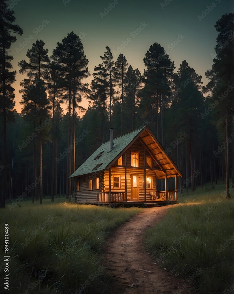 Pinewood cabin in pine forest green on nature trail. Wooden house or wooden hut along the Pinewood hill in twilight night. Pinewood cabin in pine forest green on nature trail. Wooden house or wooden hut along the Pinewood hill in twilight night.