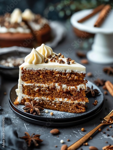Detailed shot of a slice of carrot cake with cream cheese frosting, dessert cuisine, stock photo quality