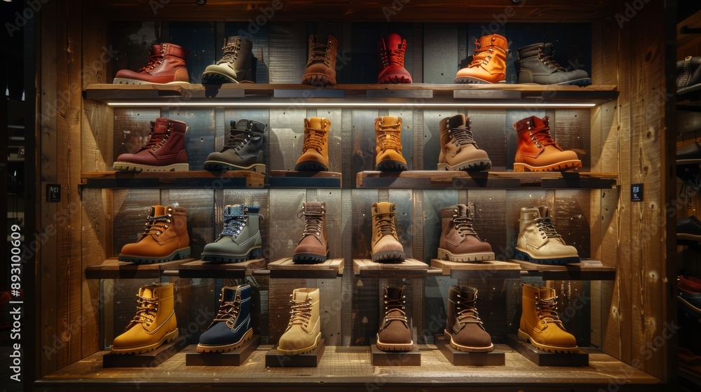 A Display Case Filled With a Variety of Men's Work Boots and Hiking Boots - Generative AI A Display Case Filled With a Variety of Men's Work Boots and Hiking Boots - Generative AI