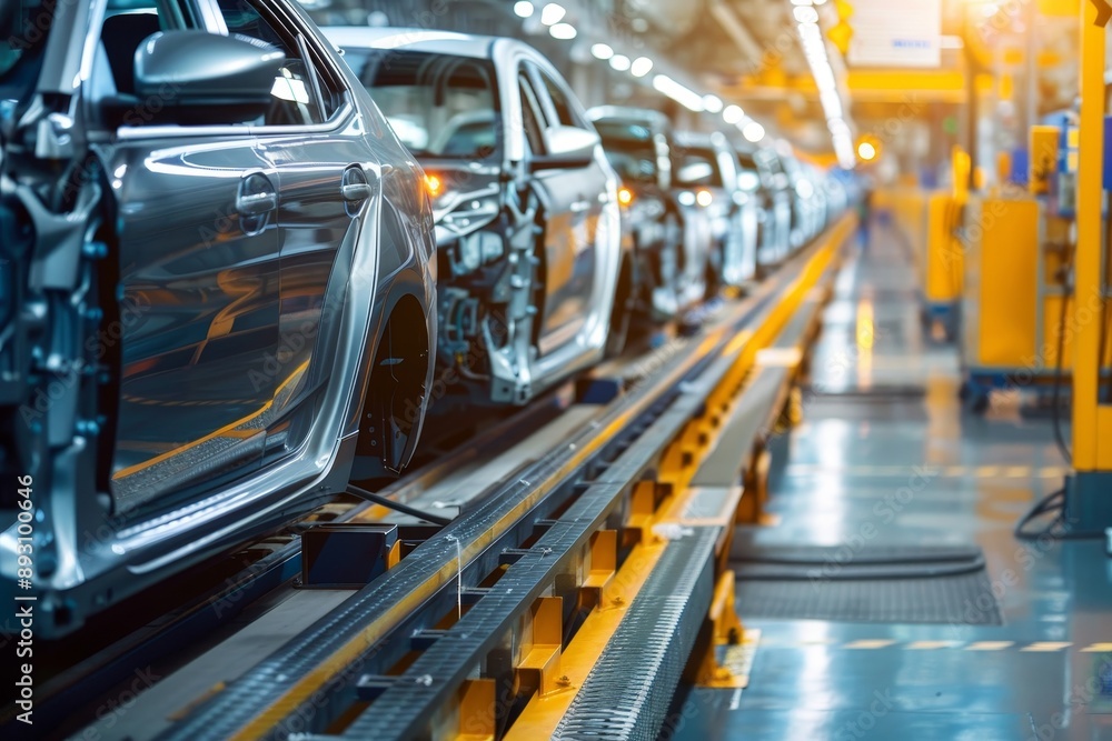 Fototapeta premium Efficient assembly line of contemporary vehicles in a bustling automobile manufacturing plant