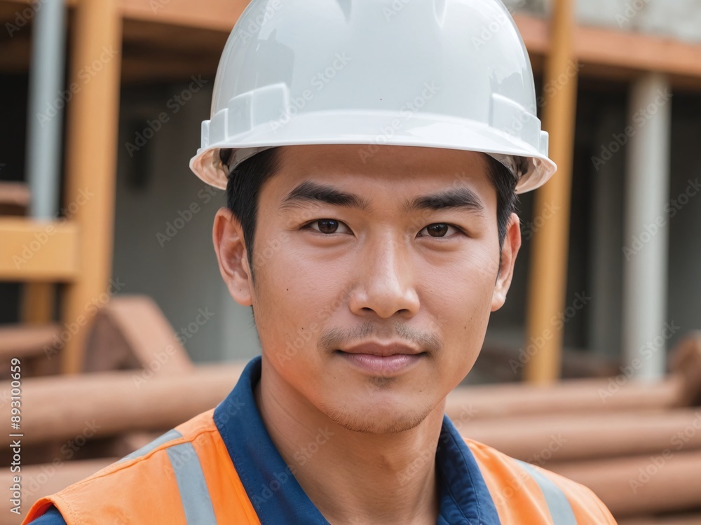 A close-up portrait of a construction Asian worker wearing a hard hat, with a confident expression on their face A close-up portrait of a construction Asian worker wearing a hard hat, with a confident expression on their face