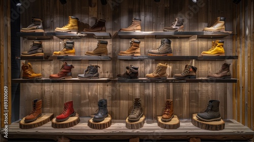 A Display of Different Types of Men's Boots on Wooden Shelves in a Store - Generative AI